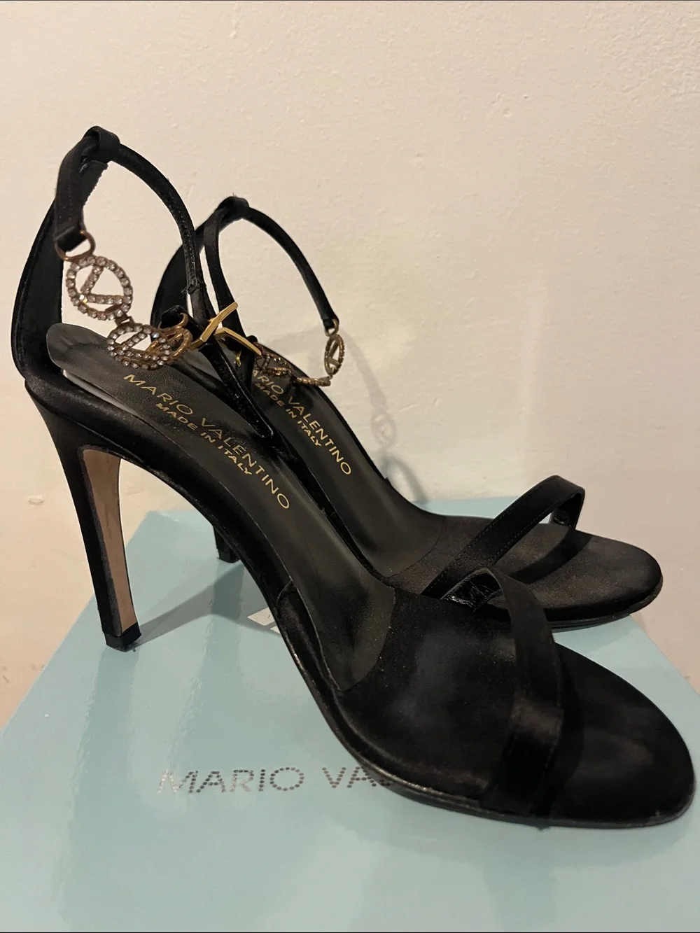 Mario Valentino Black Satin Rhinestone Logo Slingback Heels